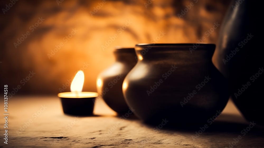 Three Black Pottery Vases and a Lit Candle on a Textured Surface Three Black Pottery Vases and a Lit Candle on a Textured Surface