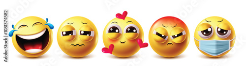 Mood off emoji vector characters set. Clipart emojis funny, sad, in love, angry and sick facial expressions yellow icon graphic elements. Vector illustration mood off emoji clip art collection set.
