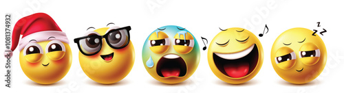 Pain emoji vector characters set. Emojis nerd, sick, crying, singing and sleepy clipart facial expressions with santa character graphic design elements. Vector illustration cold emoji clip art 