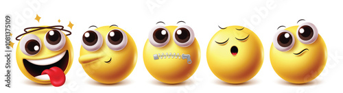 Drooling emoji vector characters set. Clipart emojis in dizzy, pinocchio, dumb, stress and confuse facial expressions yellow icon graphic elements. Vector illustration drool emoji clip art collection 