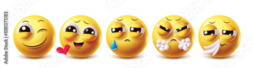 Wink emoji vector characters set. Clipart emojis in winking, in love, sad, angry and sneezing yellow icon faces in white background. Vector illustration blink emoji clip art collection set.
