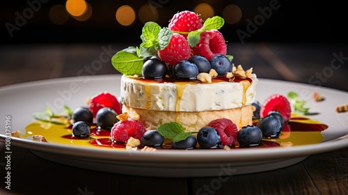 A creative cheese dish where smooth cheese is topped with a flax seed oil infusion, complemented by a colorful array of fresh blueberries and raspberries, beautifully plated for a fine dining experien photo