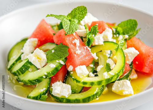 Watermelon, cucumber and feta salad drizzled with olive oil and lemon juice. Seasonal cooking, summer party food. Healthy food menu style photo image for promo or blog' illustration.  photo