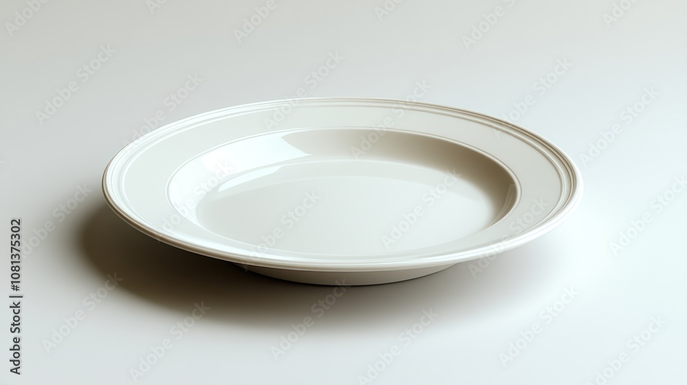 A plain white ceramic dinner plate on a clean white background. A plain white ceramic dinner plate on a clean white background.