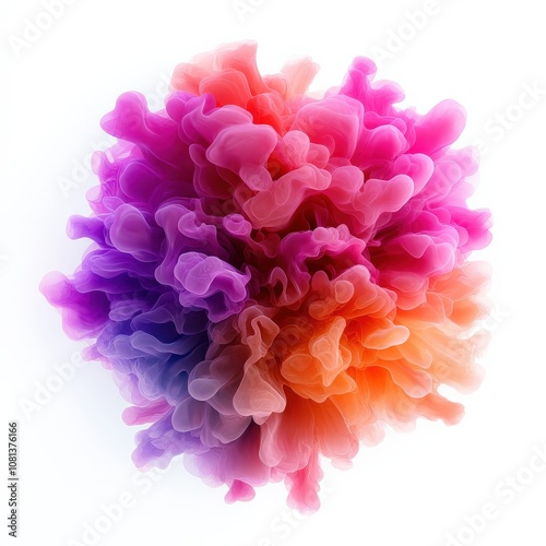 A vibrant, abstract sphere of colorful, fluffy textures in hues of pink, orange, and purple against a white background.