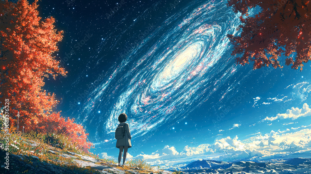 Girl gazing at galaxy in sky. Girl gazing at galaxy in sky.
