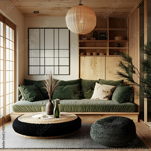 cosy living room in japandi style heigh 28m of room modern style a lot of wooden surfeces coloured with warm colours black and bottle green decorations photo