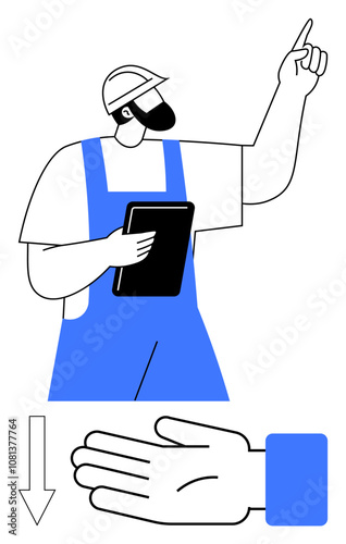 Construction worker holding a tablet, wearing blue overalls and a hard hat, pointing upward. Additional elements include a downward arrow and an open hand. Ideal for themes of construction, safety