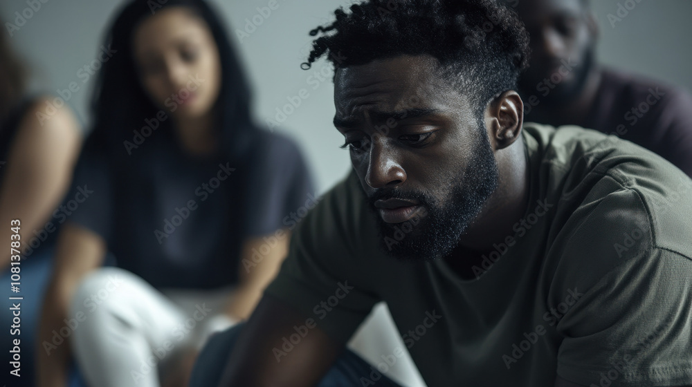 Obraz premium Group practices to combat stress, sad man