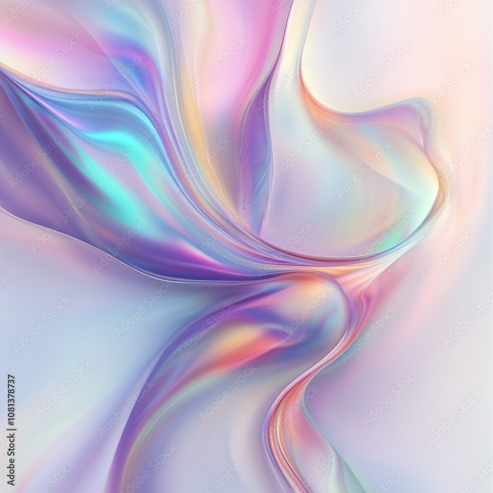 Abstract iridescent texture with smooth, flowing curves, shimmering with a rainbow-like color shift on a white background