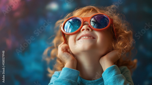 Cheerful girl in glasses on a cosmophone, in a planarium photo