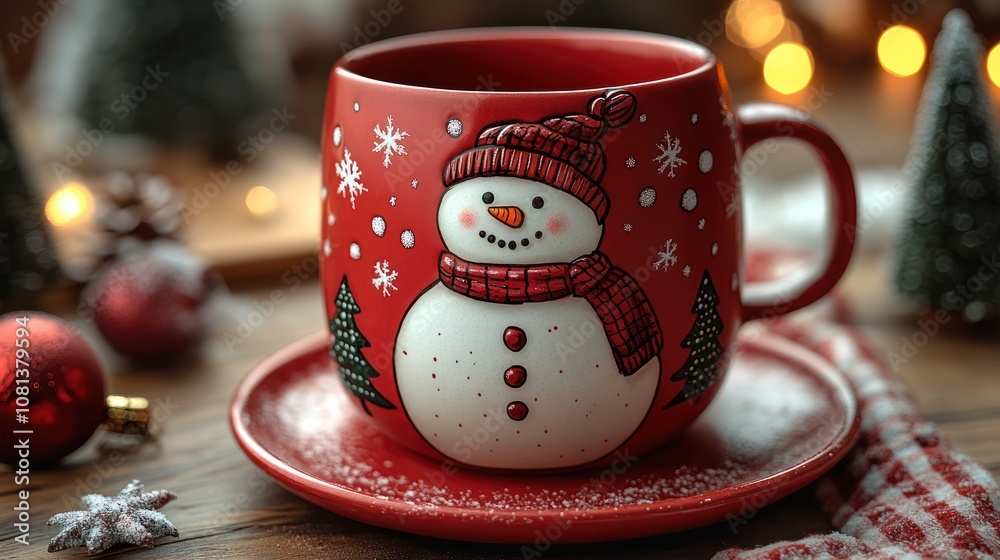 A cheerful red mug with a playful snowman wearing a scarf and hat, surrounded by Christmas trees and snowflakes. A cheerful red mug with a playful snowman wearing a scarf and hat, surrounded by Christmas trees and snowflakes.