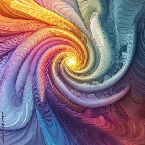 Fractal-inspired abstract with rainbow gradient, spiraling patterns creating a surreal, layered depth photo