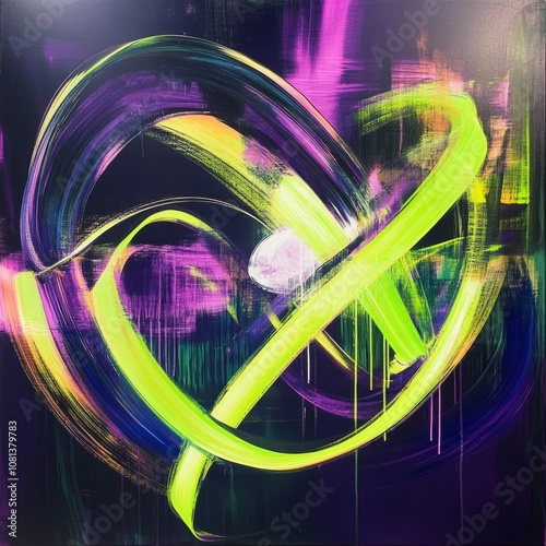 Glow-in-the-dark abstract trails, bright greens and purples, vibrant and futuristic light play photo