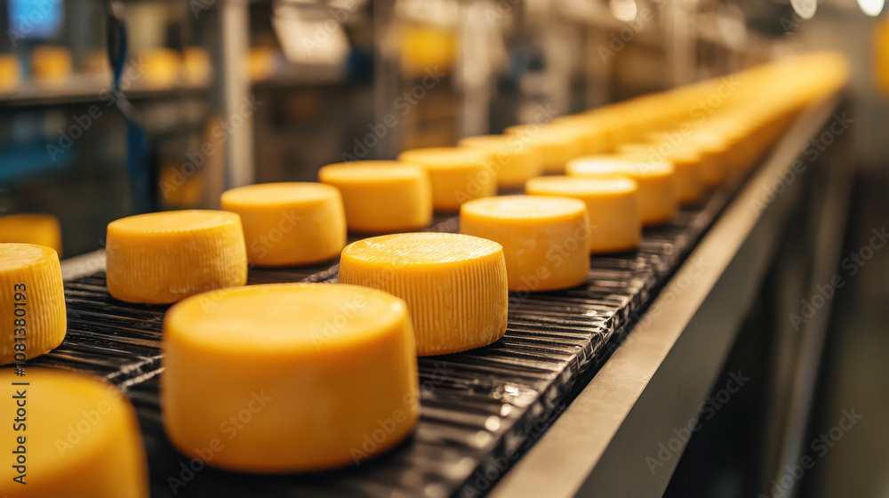 Fototapeta premium Cheese production, cheese on a conveyor