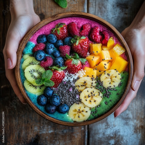 Nutritionist preparing a colorful smoothie bowl, fresh fruits, and vibrant ingredients for a healthy meal photo