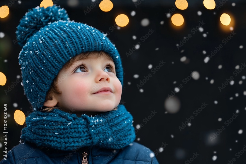 A young child in a blue knit hat and scarf looks upwards in a snowy setting, exuding curiosity and wonder as snow gently falls around the child’s face. A young child in a blue knit hat and scarf looks upwards in a snowy setting, exuding curiosity and wonder as snow gently falls around the child’s face.
