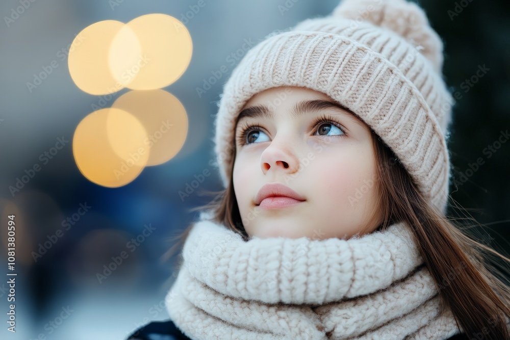 A young girl wrapped in a cozy knitted scarf and beanie glances upward, her face illuminated by warm, softly blurred lights in a winter scene. A young girl wrapped in a cozy knitted scarf and beanie glances upward, her face illuminated by warm, softly blurred lights in a winter scene.