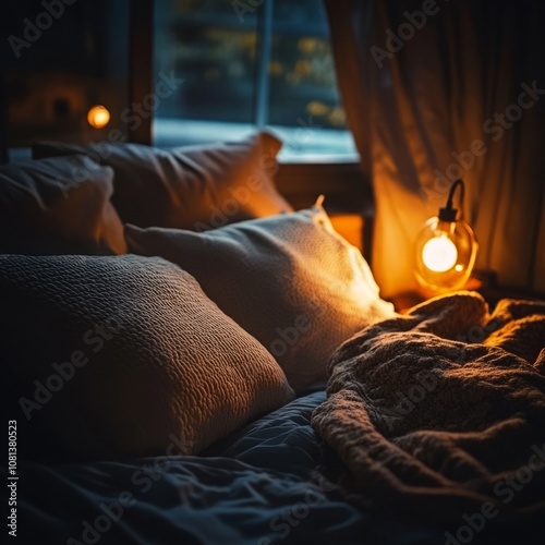 Pillows and blankets on a cozy bed, with a person preparing for sleep, dim lighting for ultimate relaxation photo