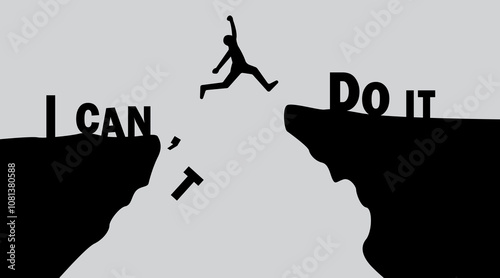 silhouette of a person jump between i can and do id words and through on the gap of hill.