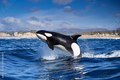 The orca, otherwise called the executioner whale or killer whale, (Orcinus orca), leaping from ocean water with splashes,  photo