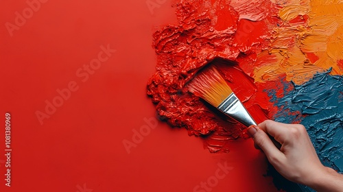 A close-up of a paintbrush applying vibrant colors on a textured red surface, showcasing artistic creativity and bold color choices. photo