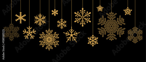 Vector illustration of elegant gold hanging snowflakes on a black background, perfect for holiday designs.