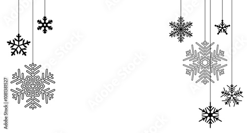 Vector illustration of black snowflake silhouettes hanging on a white background, perfect for minimalist winter and holiday designs.