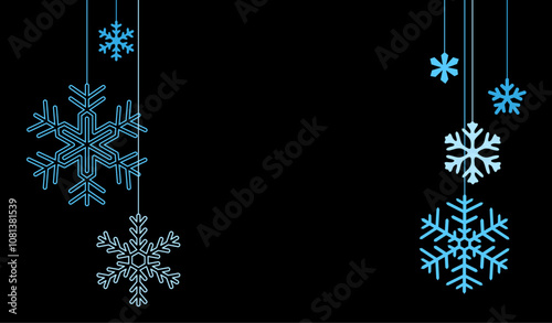 Vector illustration of stylish blue hanging snowflakes against a black background, perfect for winter decor and holiday themes.