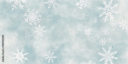 Delicate snowflakes falling gently against a soft blue backdrop, creating a serene winter atmosphere, background with copy space