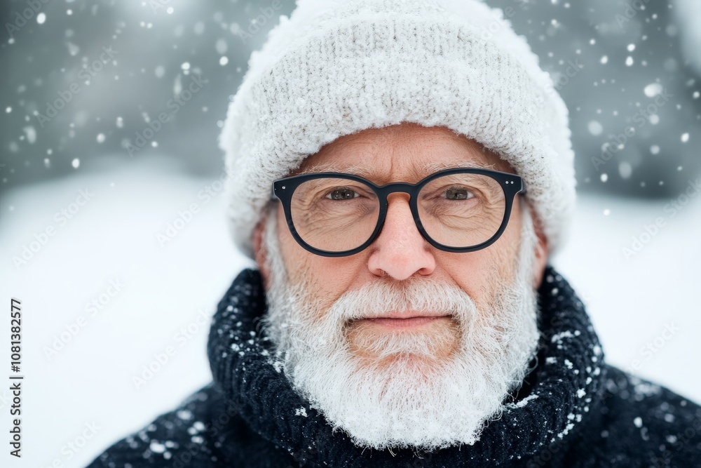 Portrait of an elderly man with a white beard and glasses, wearing a knitted hat and sweater in a peaceful snowy setting, capturing a serene winter moment. Portrait of an elderly man with a white beard and glasses, wearing a knitted hat and sweater in a peaceful snowy setting, capturing a serene winter moment.