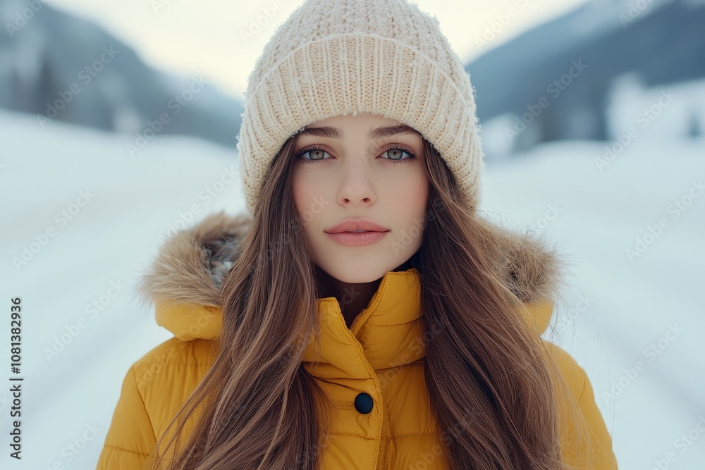 A woman stands in serene contemplation amidst a snow-covered landscape, wrapped in a yellow jacket, highlighting the tranquil beauty of winter in the mountains. A woman stands in serene contemplation amidst a snow-covered landscape, wrapped in a yellow jacket, highlighting the tranquil beauty of winter in the mountains.