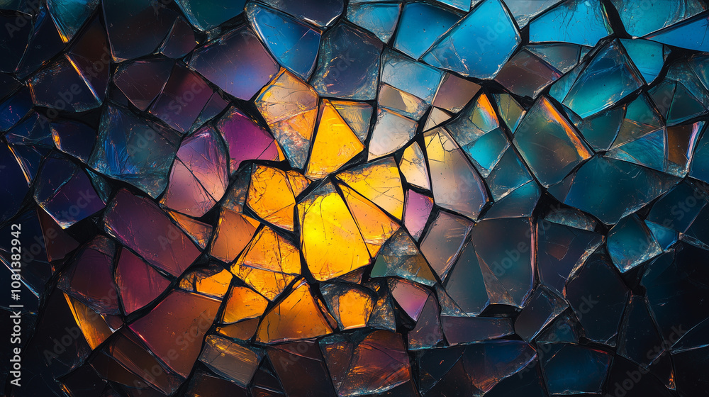 Mosaic of colorful glass: radiant yellows and blues in a textured abstract pattern Mosaic of colorful glass: radiant yellows and blues in a textured abstract pattern