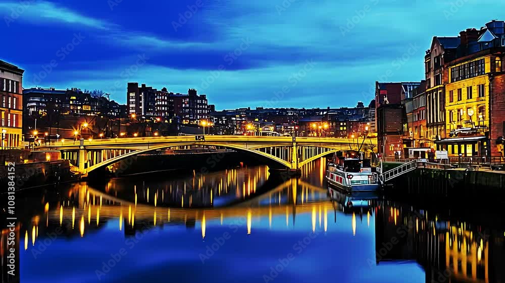 Night cityscape of Ghent, Belgium, with reflections on the river and illuminated bridges