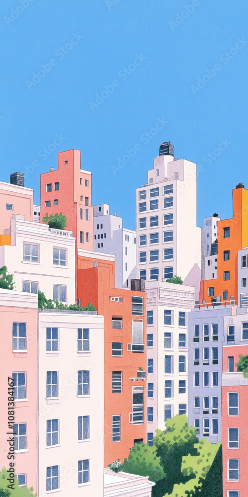 Fototapeta premium Vibrant city skyline with colorful buildings and clear blue sky