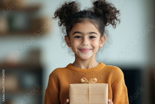 A cheerful young girl with curly hair holds a beautifully wrapped gift, her face beaming with excitement and gratitude, embodying the spirit of giving and happiness. photo