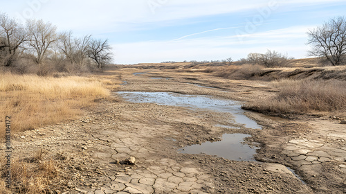 dry drought field farm dead plants barren landscape. sun blazes cloudless sky intense heat wave dryness weather water shortage farming rain global warming climate change desert photo