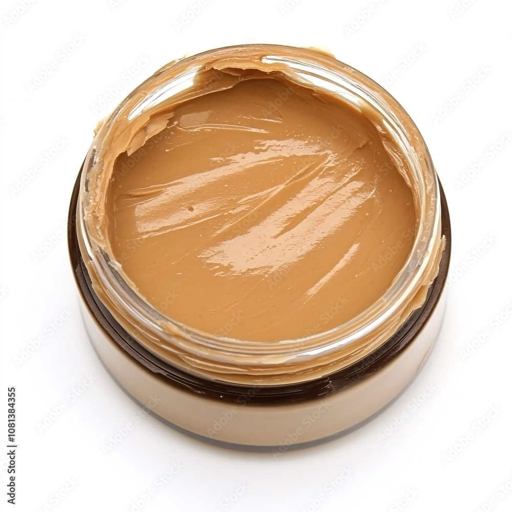 A creamy beige makeup foundation in an open jar, showcasing its smooth texture and rich color. A creamy beige makeup foundation in an open jar, showcasing its smooth texture and rich color.