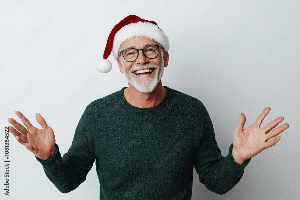 An elderly man in a Santa hat expresses pure joy and warmth with open arms, set against a neutral background, conveying holiday cheer and contentment. An elderly man in a Santa hat expresses pure joy and warmth with open arms, set against a neutral background, conveying holiday cheer and contentment.