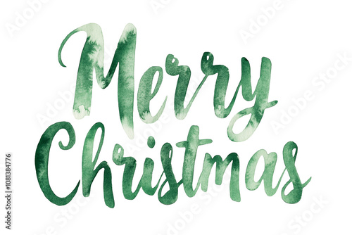 Green watercolor phrase Merry Christmas isolated on transparent background congratulatory text