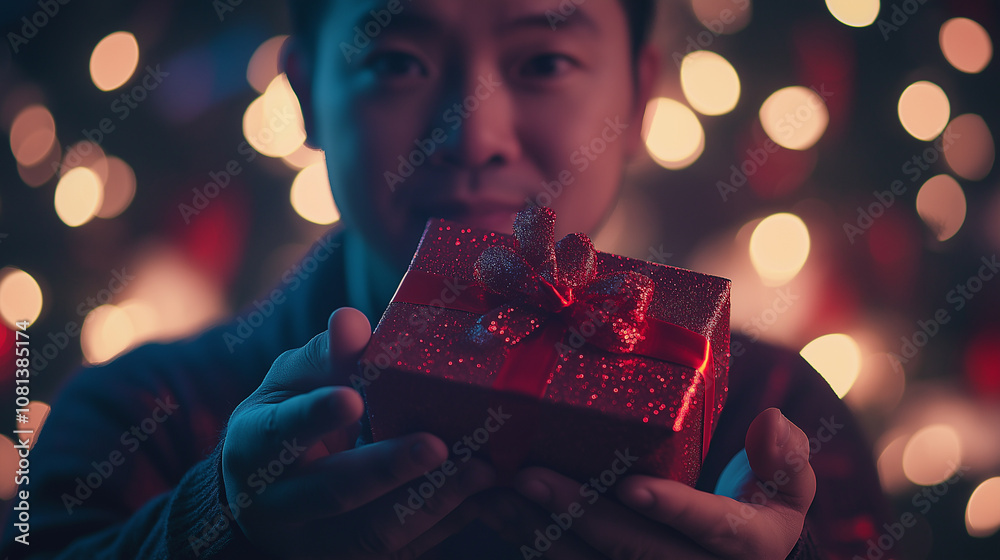 Man Holding Red Gift Box with Bow in Front of Christmas Lights