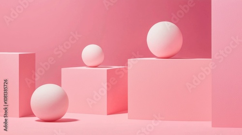 Geometric pink spheres on matching pastel blocks