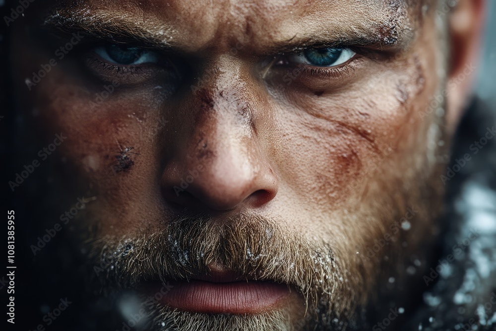 Fototapeta premium A rugged man with an intense gaze, face dusted with snow, stands strong against a wintery backdrop, embodying strength and resilience amidst harsh elements.