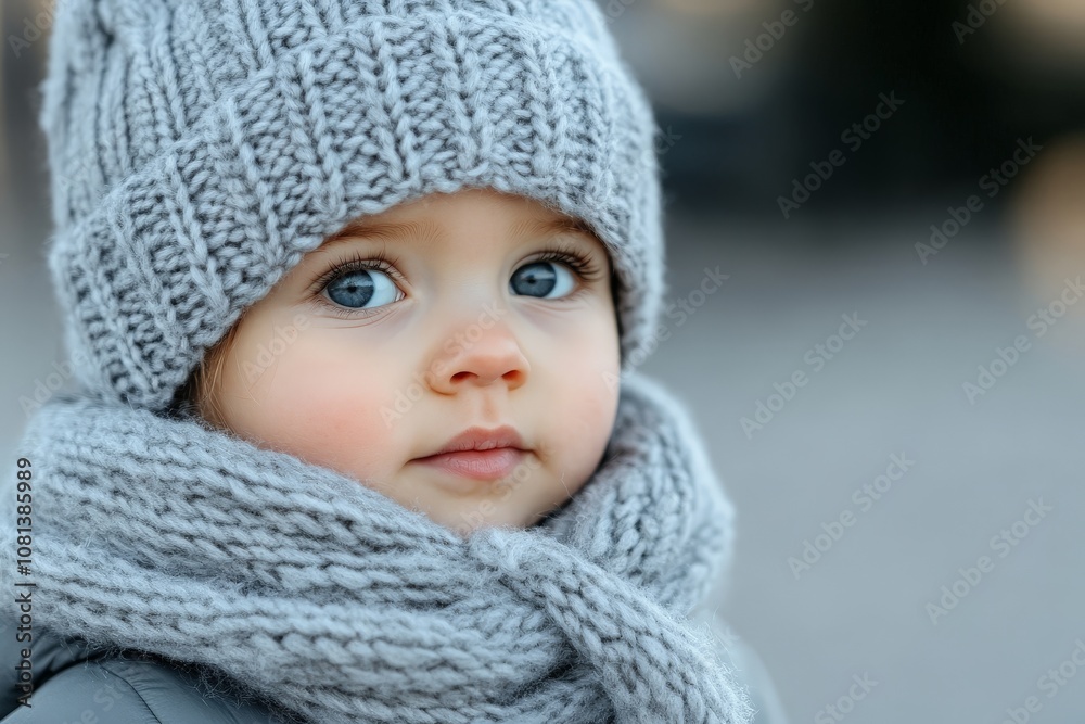 A charming child warmly bundled in a cozy grey knit scarf and hat, capturing innocence and warmth against a cold backdrop, embodying tender nostalgia. A charming child warmly bundled in a cozy grey knit scarf and hat, capturing innocence and warmth against a cold backdrop, embodying tender nostalgia.