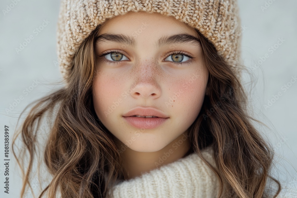 Image of a young girl wearing a cozy knit hat, featuring a soft, natural gaze that evokes feelings of warmth, innocence, and the cozy aspects of winter days.