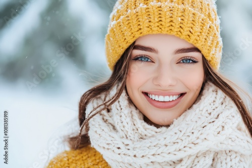 A woman dressed in a bright yellow hat and scarf smiles warmly, contrasting beautifully with the snowy background, embodying warmth and happiness in winter.