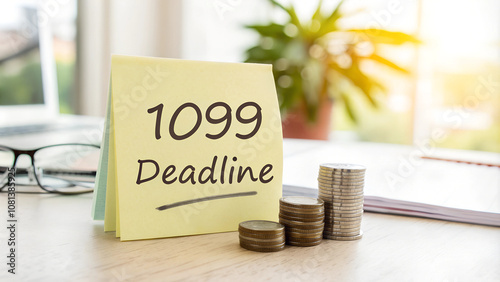 1099 deadline reminder with stacks of coins and a note on a desk with a blurred plant background