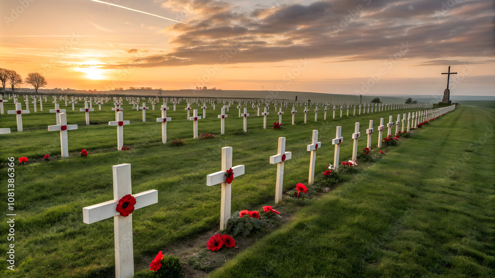 Obraz premium Graveyard with white crosses adorned with red poppy flowers during sunset