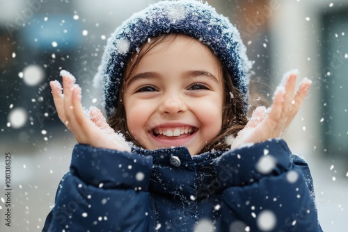 A cheerful child dons a blue jacket and beanie, playfully engaging with the snowflakes around them, encapsulating the essence of winter wonder and childlike joy. photo