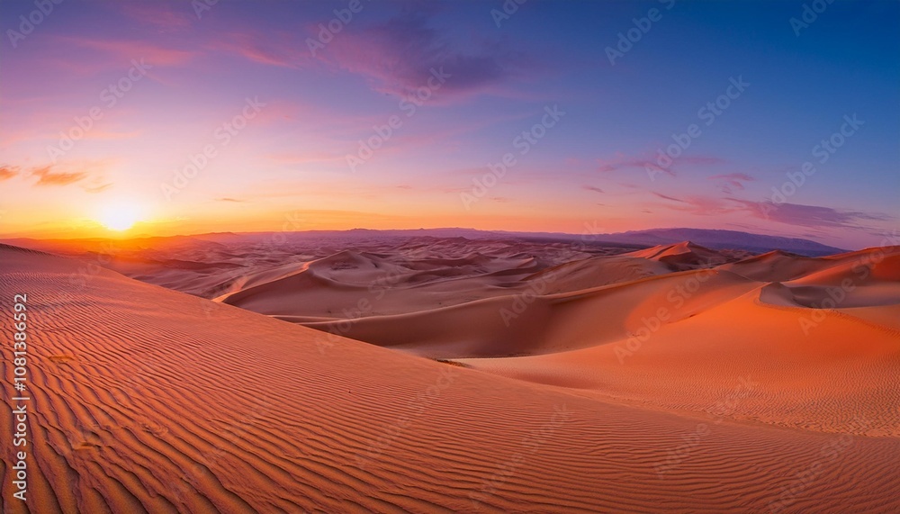 Sunset Over the Vast Desert With Rolling Sand Dunes Glowing Golden Under the Fading Light, While the Sky Transitions From Orange to Deep Purple in the Distance Sunset Over the Vast Desert With Rolling Sand Dunes Glowing Golden Under the Fading Light, While the Sky Transitions From Orange to Deep Purple in the Distance